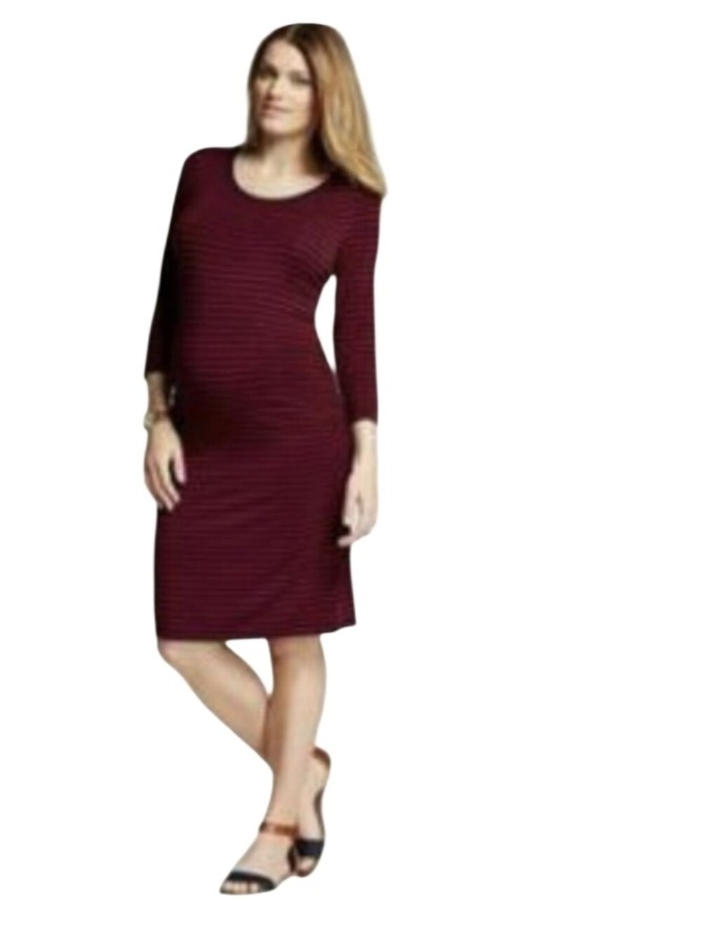 #K120 Isabel Maternity by Ingrid & Isabel Burgundy Striped Midi Scoop Neck Dress